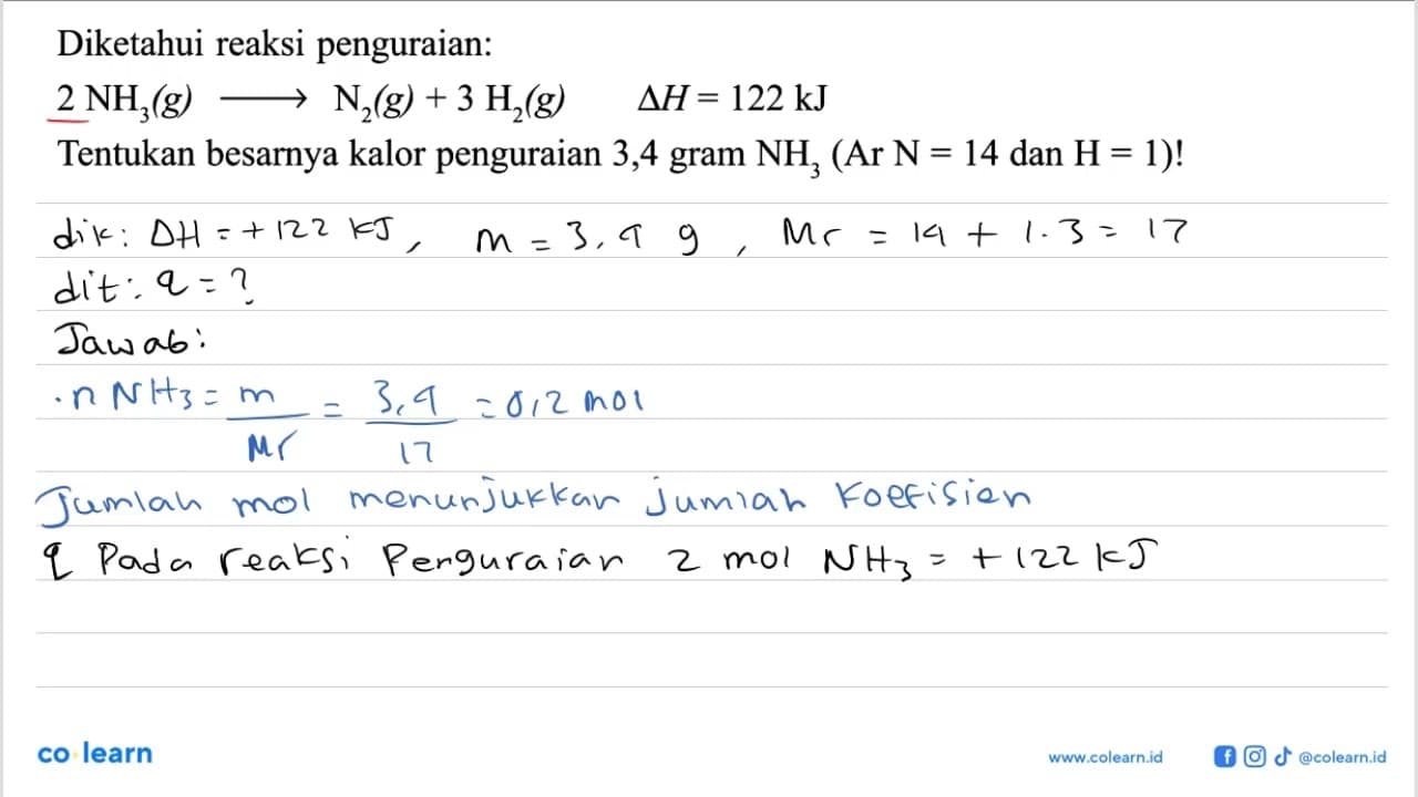 Diketahui reaksi penguraian: 2 NH3 (g) -> N2 (g) + 3 H2 (g)