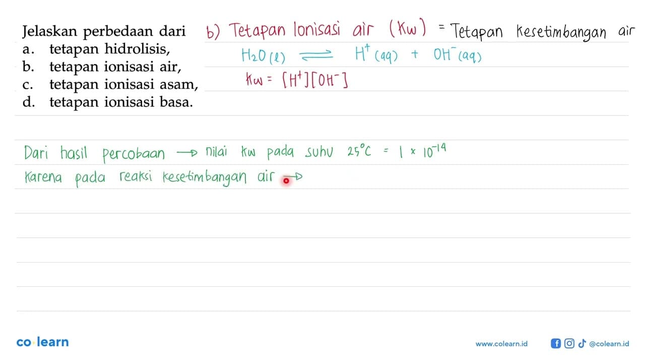 Jelaskan perbedaan dari a. tetapan hidrolisis, b. tetapan