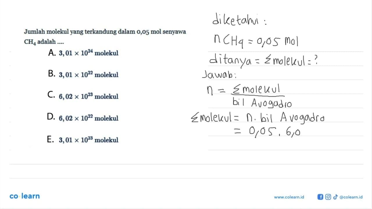 Jumlah molekul yangterkandung dalam 0,05 mol senyawa CH4