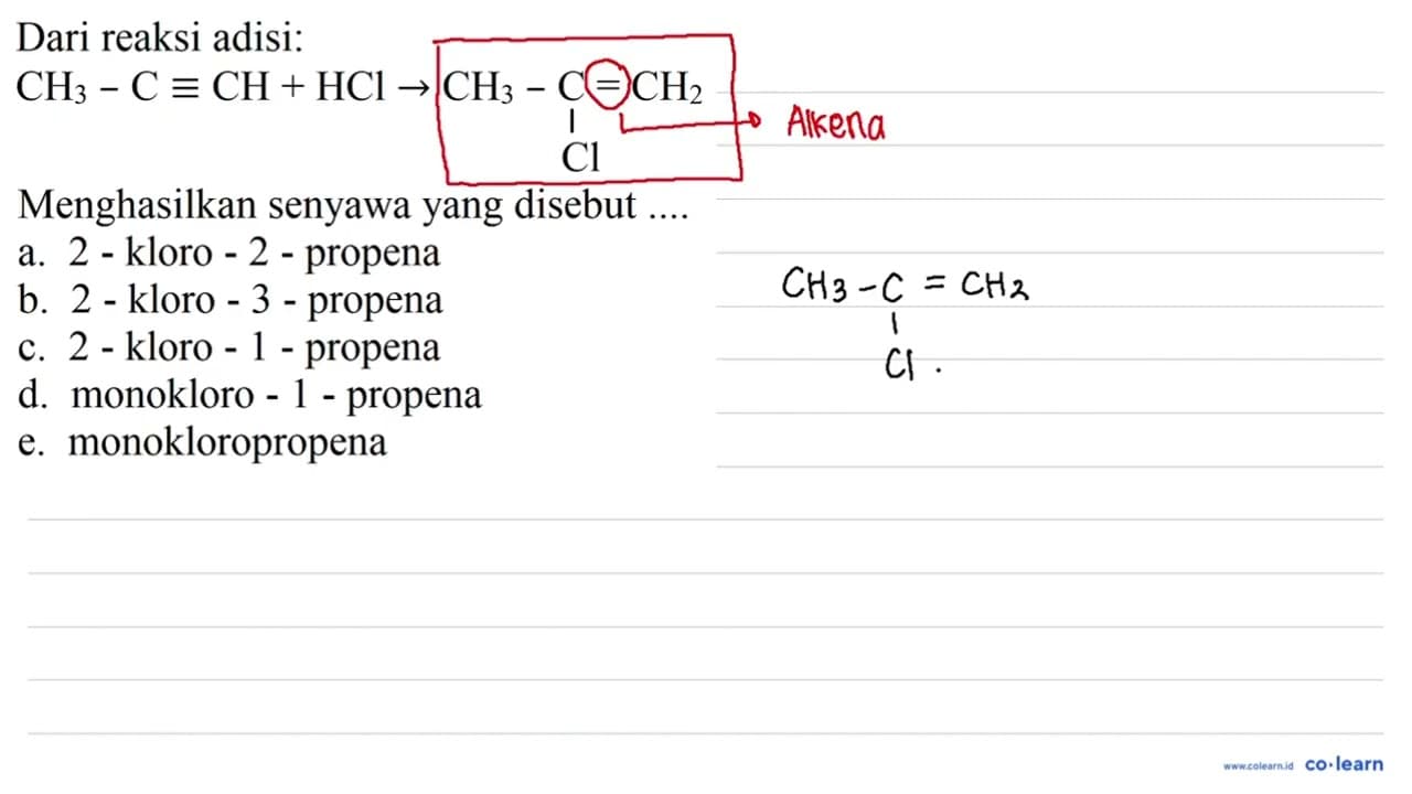 Dari reaksi adisi: CH3 - C CH + HCl -> CH3 - C = CH2 Cl