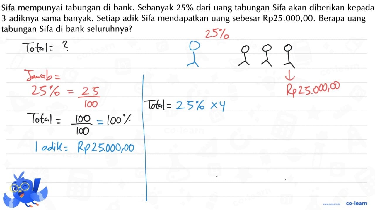 Sifa mempunyai tabungan di bank. Sebanyak 25% dari uang