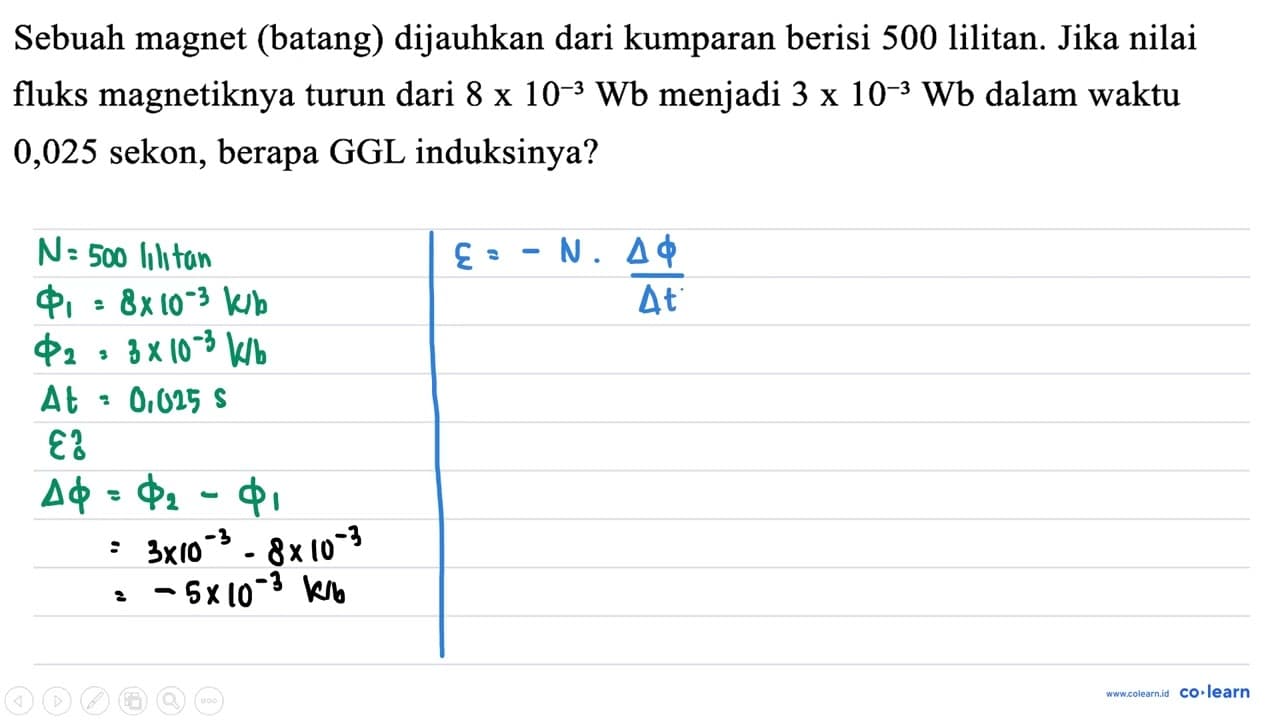 Sebuah magnet (batang) dijauhkan dari kumparan berisi 500