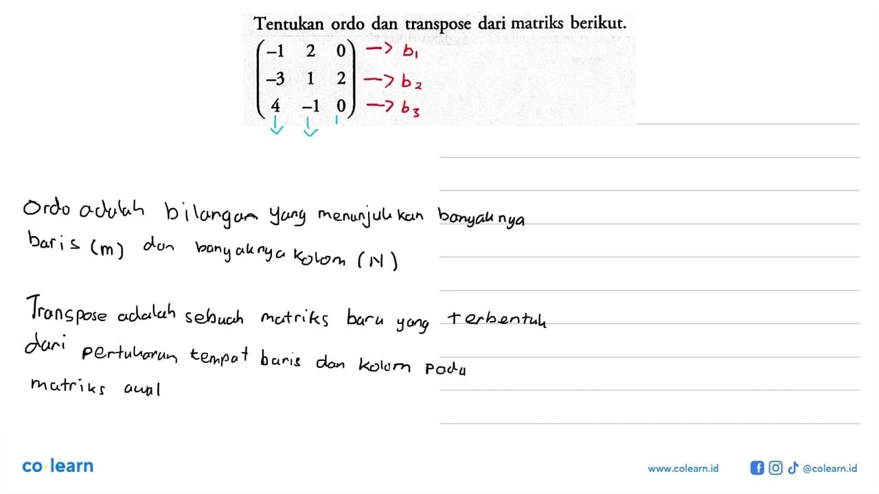 Tentukan ordo dan transpose dari matriks berikut.(-1 2 0 -3