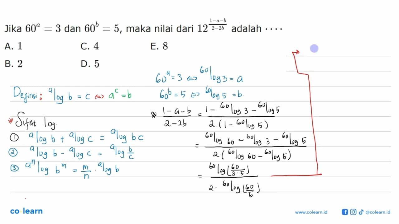 Jika 60^a=3 dan 60^b=5, maka nilai dari 12^((1-a-b)/(2-2b))