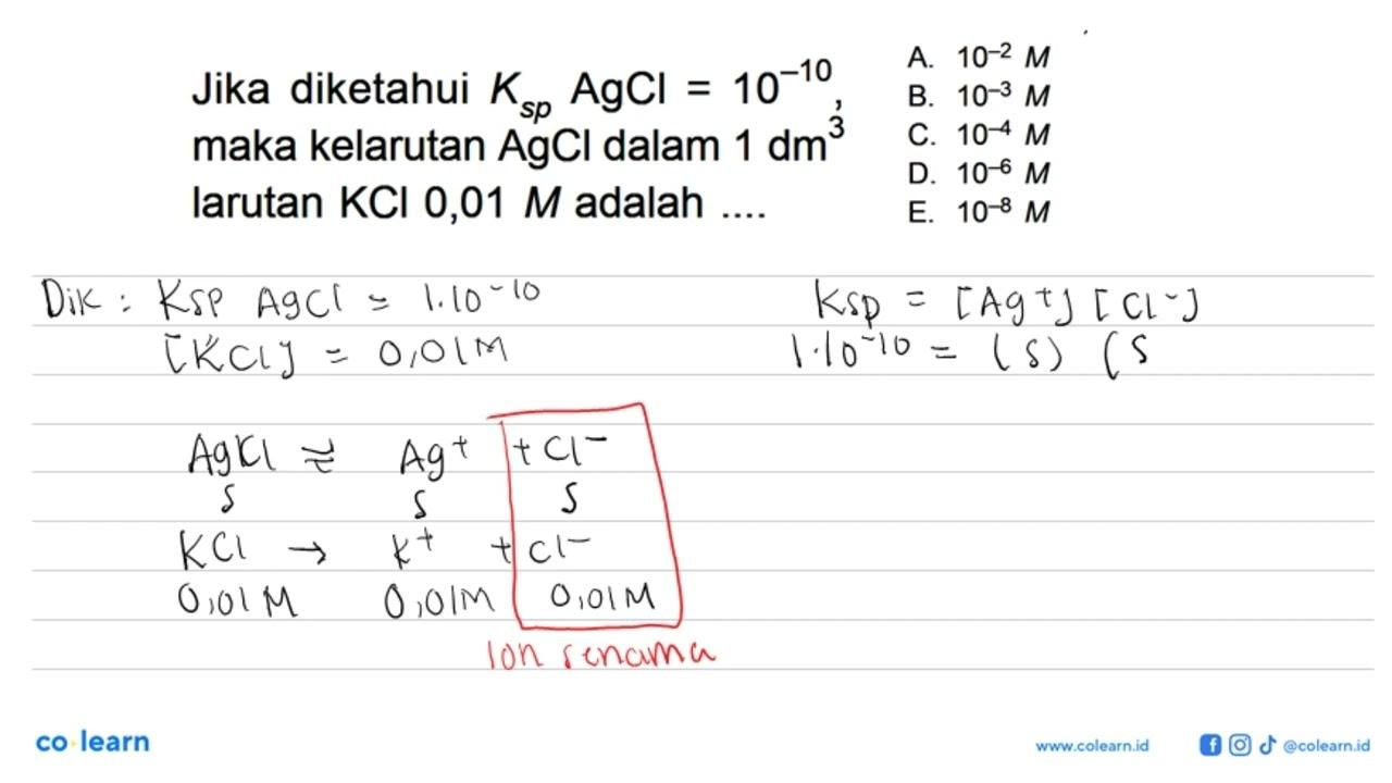 Jika diketahui Ksp AgCl=10^-10 maka kelarutan AgCl dalam 1