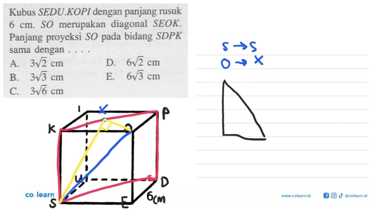 Kubus SEDU.KOPI dengan panjang rusuk 6 cm. SO merupakan