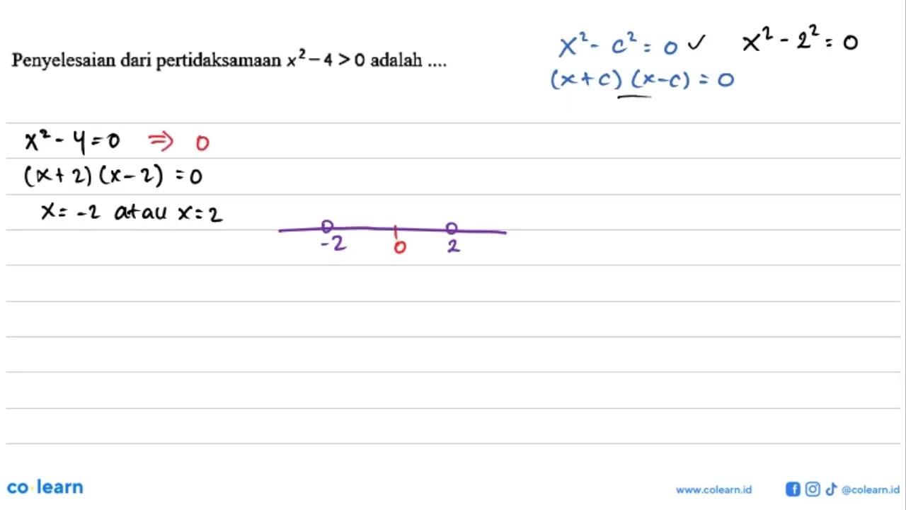 Penyelesaian dari pertidaksamaan x^2-4>0 adalah ....