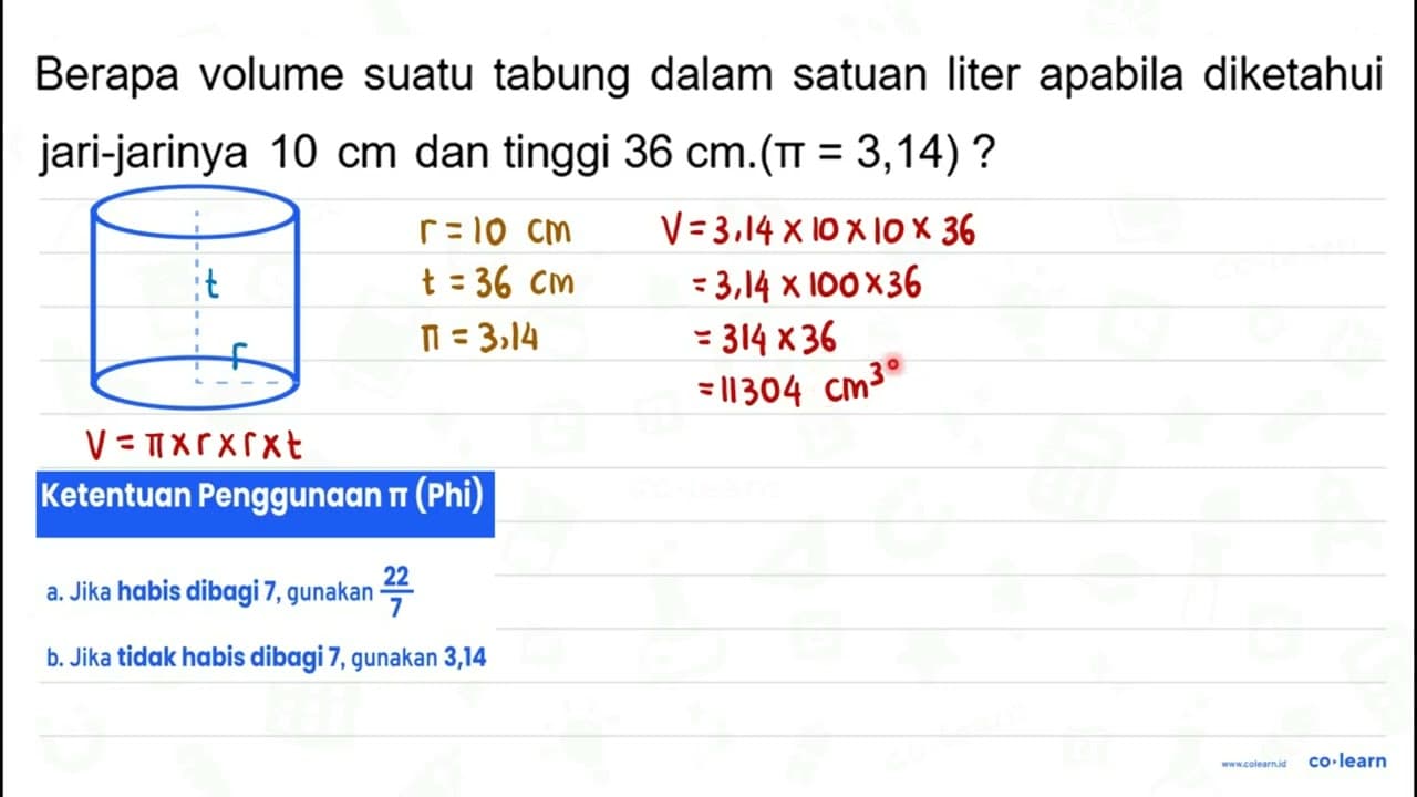 Berapa volume suatu tabung dalam satuan liter apabila