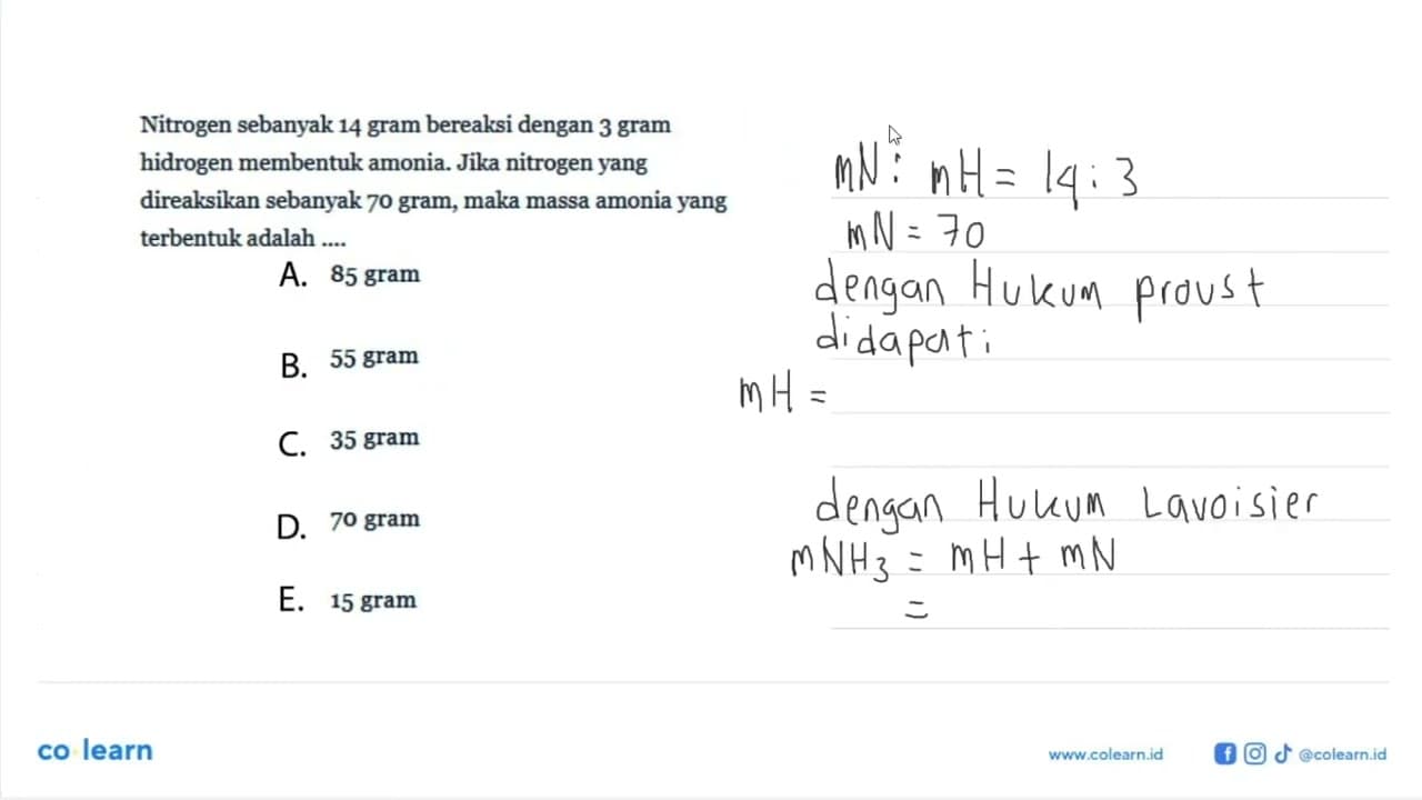 Nitrogen sebanyak 14 gram bereaksi dengan 3 gram hidrogen