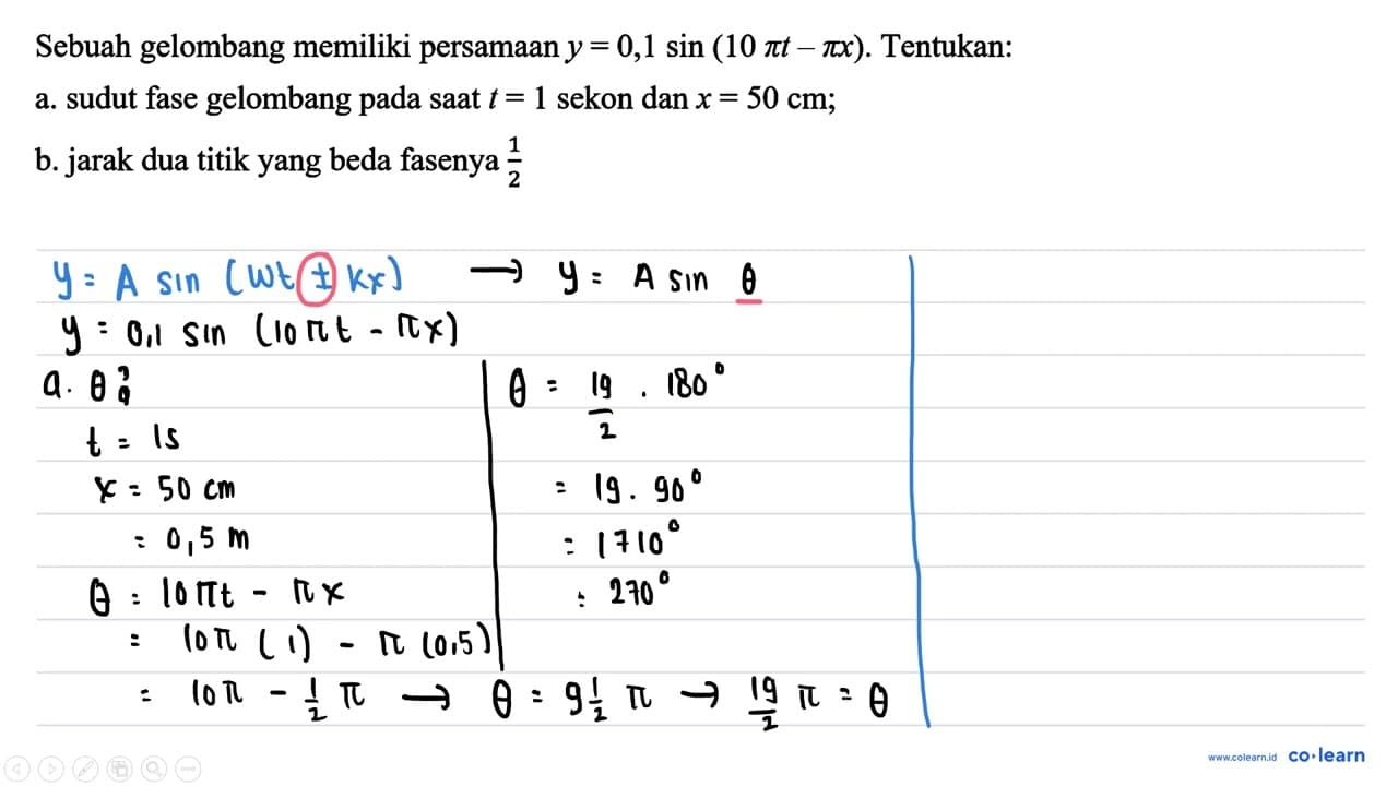 Sebuah gelombang memiliki persamaan y=0,1 sin (10 pi t-pi