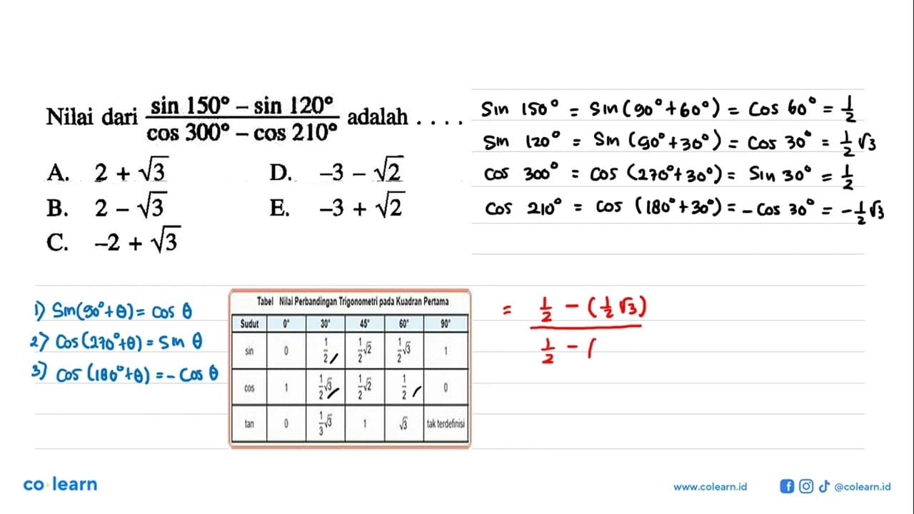 Nilai dari (sin 150-sin 120)/(cos 300-cos 210) adalah ...