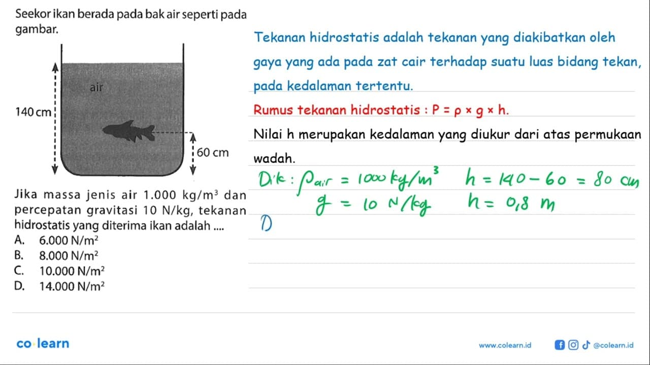 Seekor ikan berada pada bak air seperti pada gambar. Jika