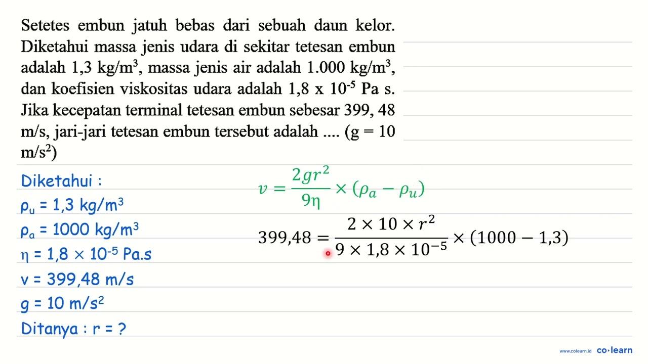 Setetes embun jatuh bebas dari sebuah daun kelor. Diketahui