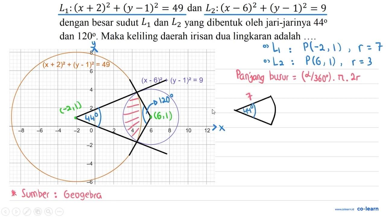 L1 : (x + 2)^2 + (y - 1)^2=49 dan L2 : (x - 6)^2 + (y -