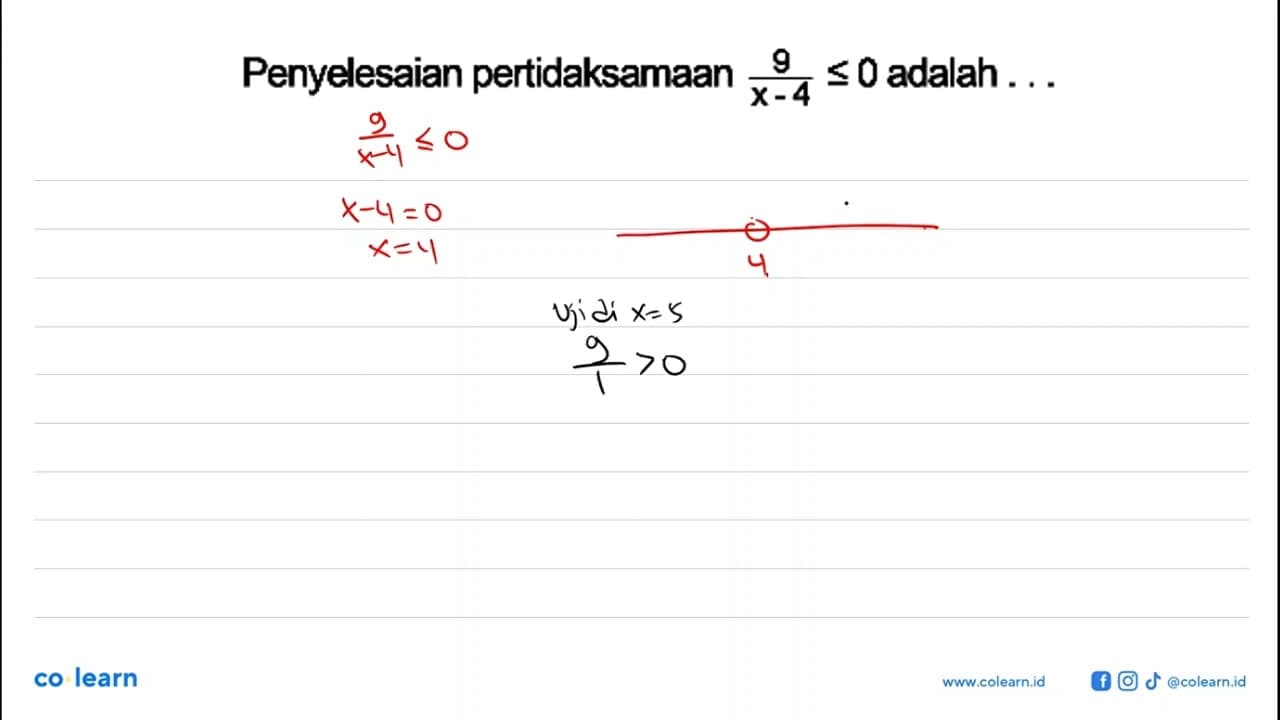 Penyelesaian pertidaksamaan 9/(x-4)<=0 adalah ...