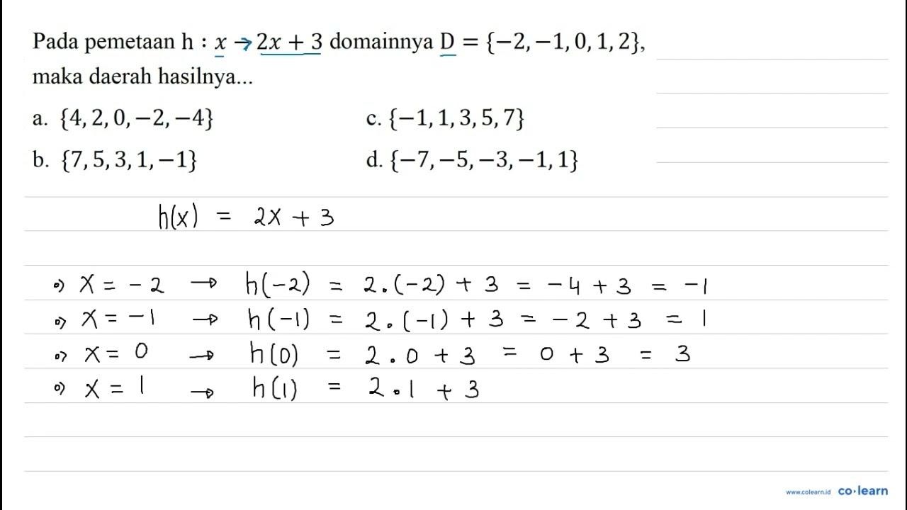 Pada pemetaan h: x-2 x+3 domainnya D={-2,-1,0,1,2} , maka