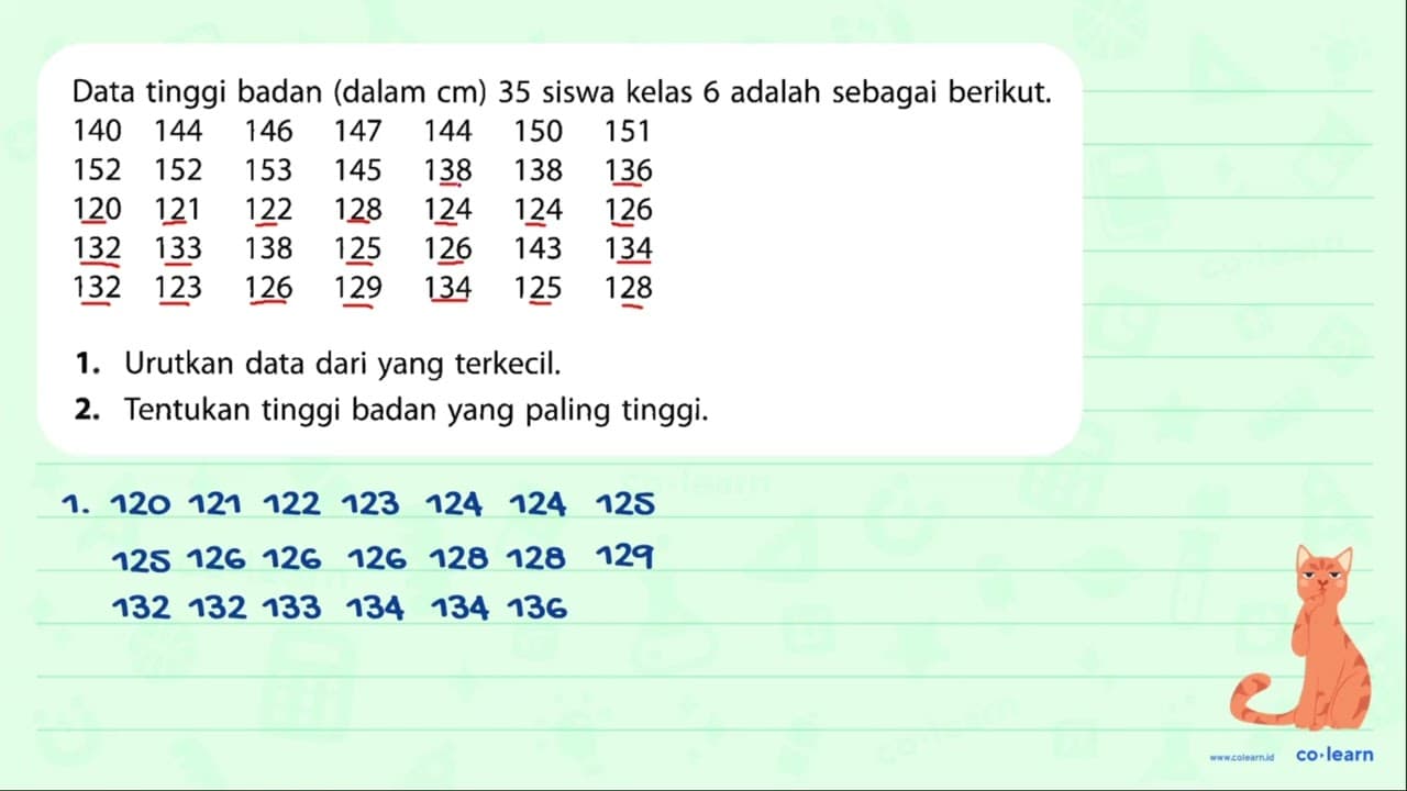 Data tinggi badan (dalam cm) 35 siswa kelas 6 adalah