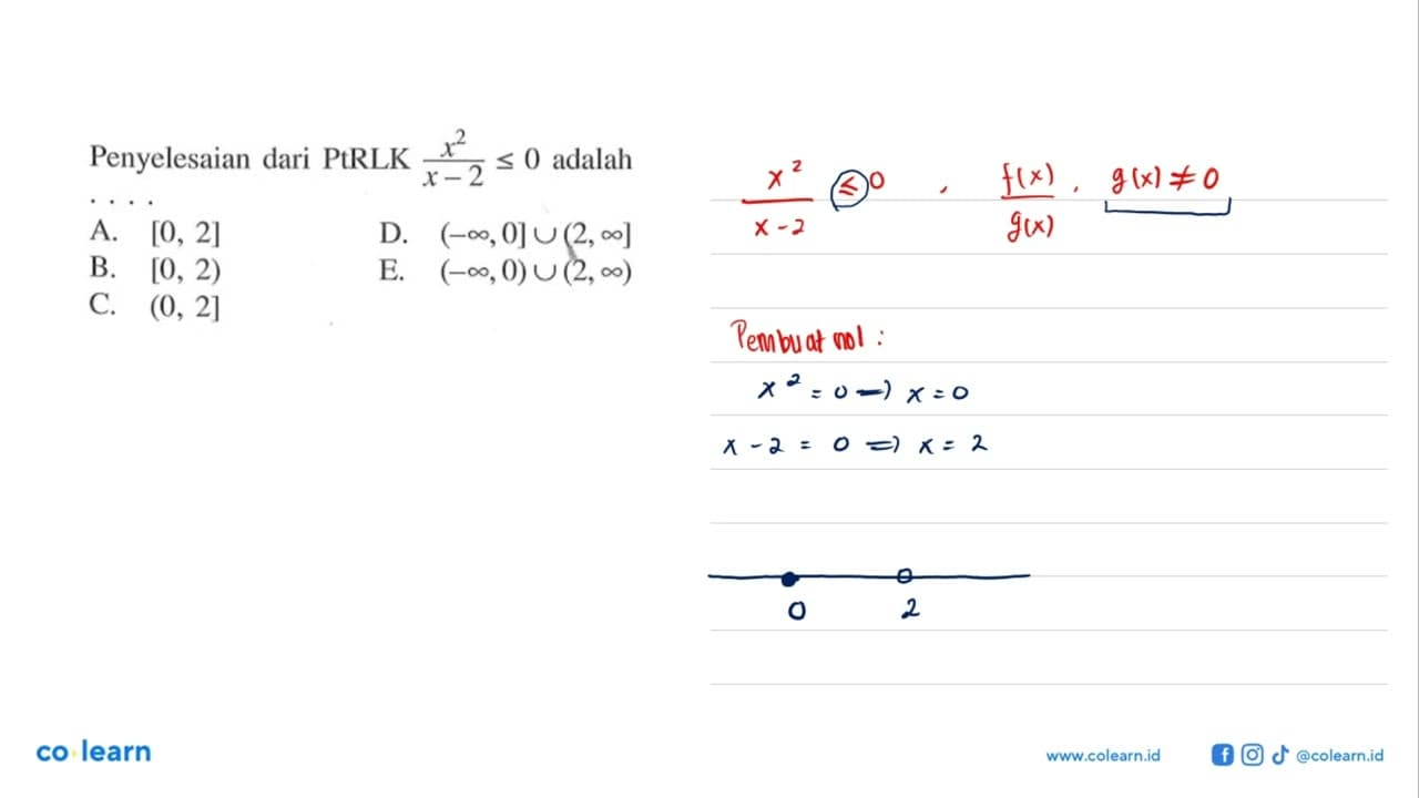 Penyelesaian dari PtRLK x^2/(x-2)<=0 adalah . . . .