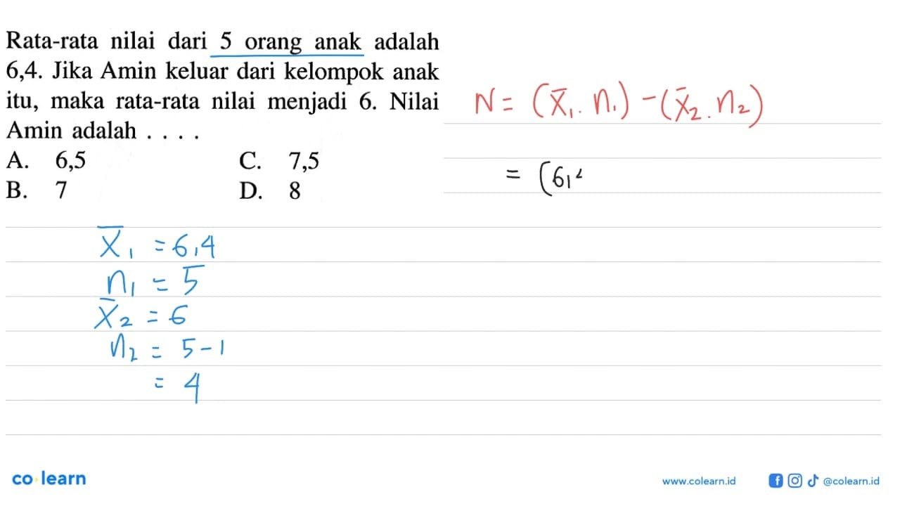 Rata-rata nilai dari 5 orang anak adalah 6,4. Jika Amin