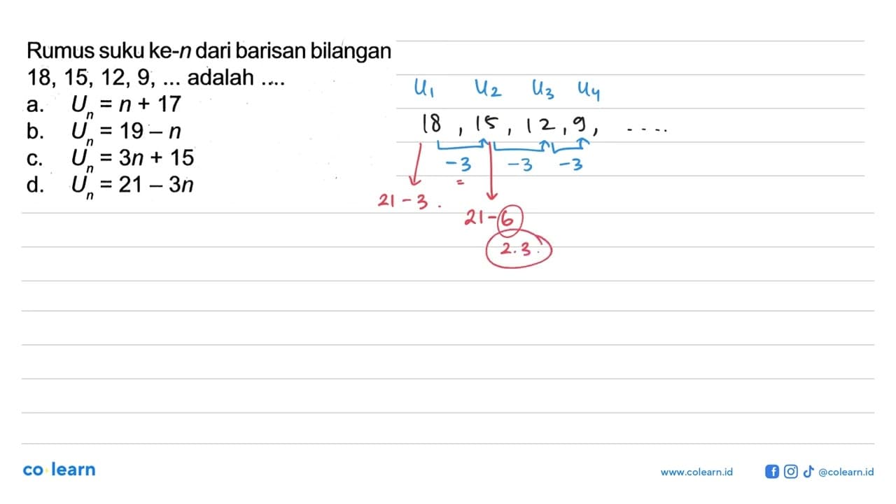 Rumus suku ke-n dari barisan bilangan 18, 15, 12, 9, ...