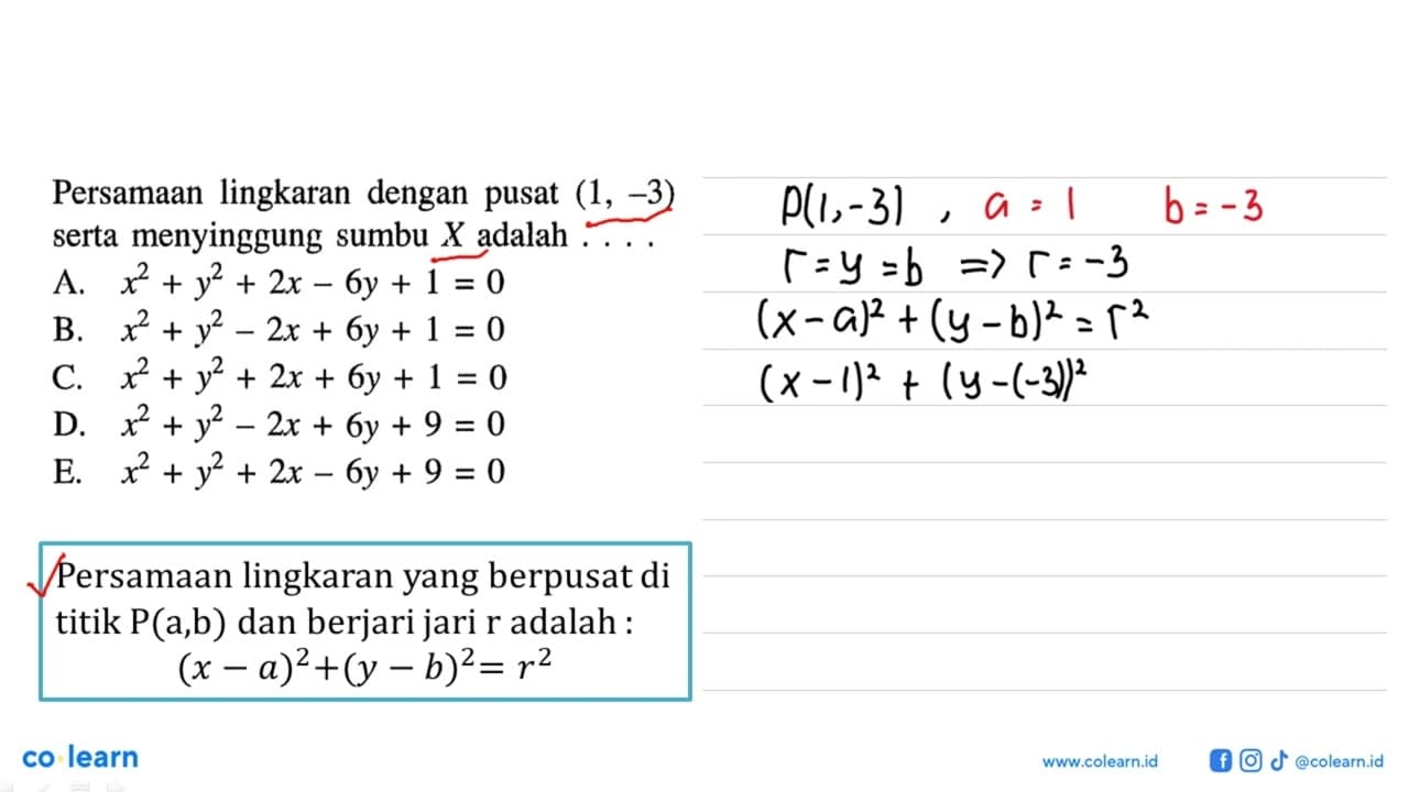 Persamaan lingkaran dengan pusat (1,-3) serta menyinggung