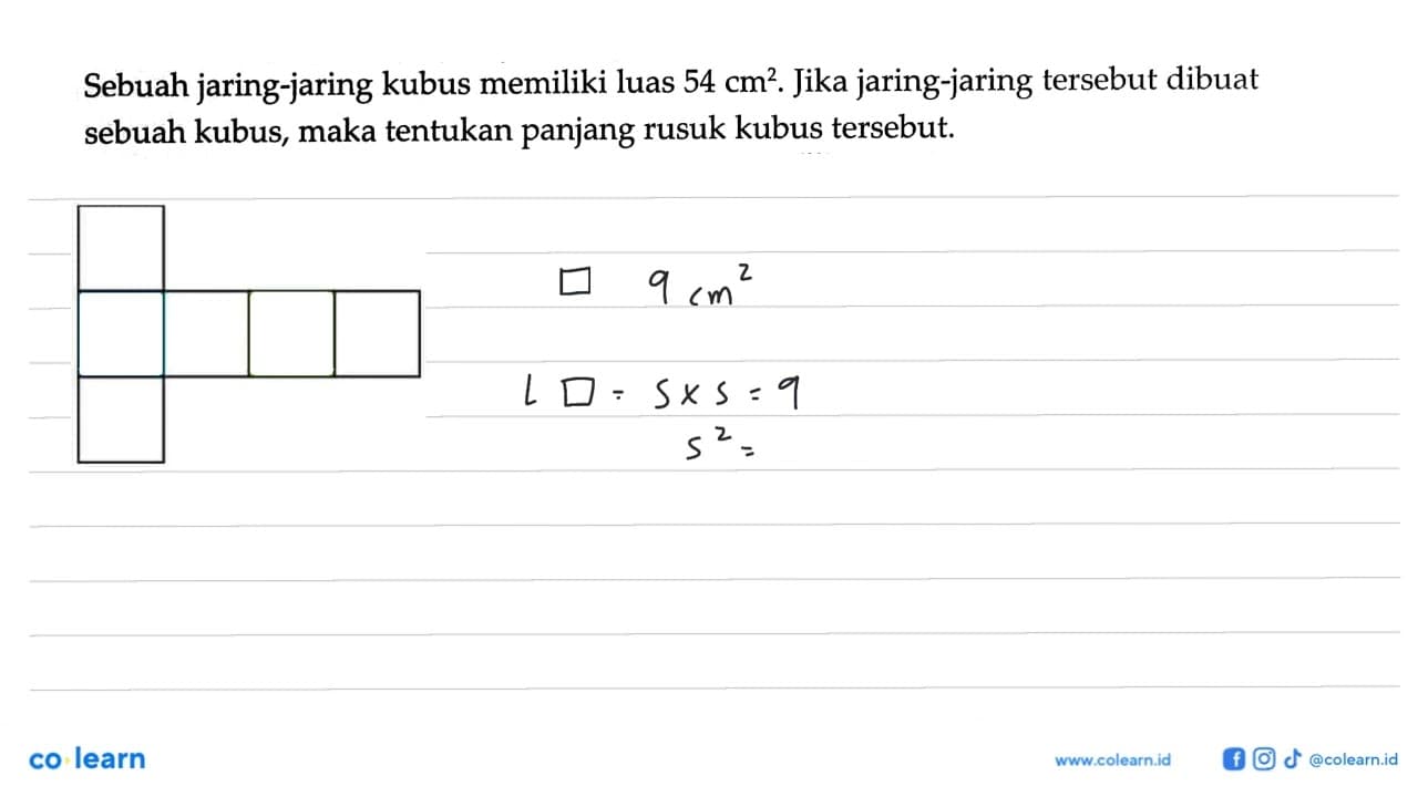 Sebuah jaring-jaring kubus memiliki luas 54 cm^2 . Jika