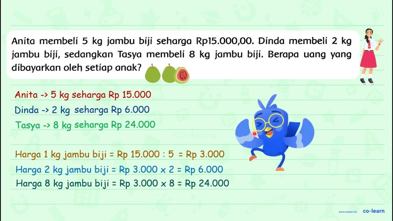 Anita membeli 5 kg jambu biji seharga Rp15.000,00. Dinda