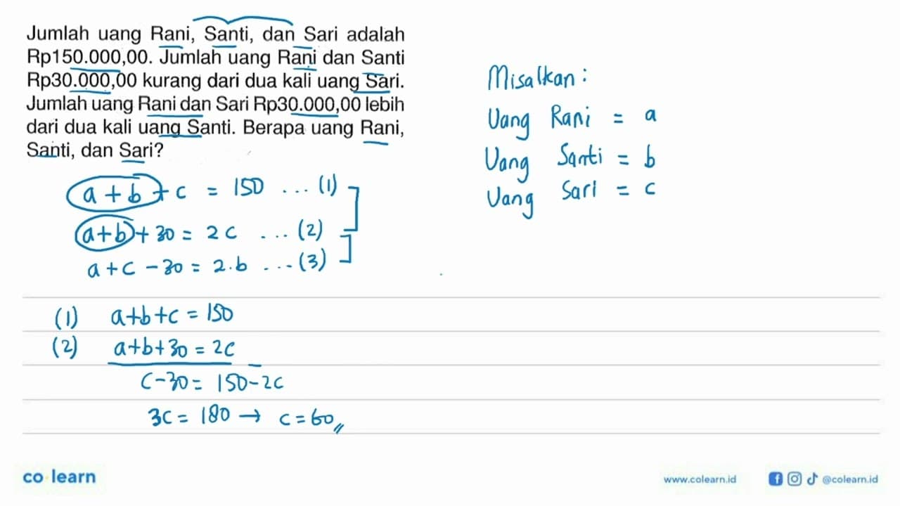 Jumlah uang Rani Santi dan Sari adalah Rp150.000,00. Jumlah