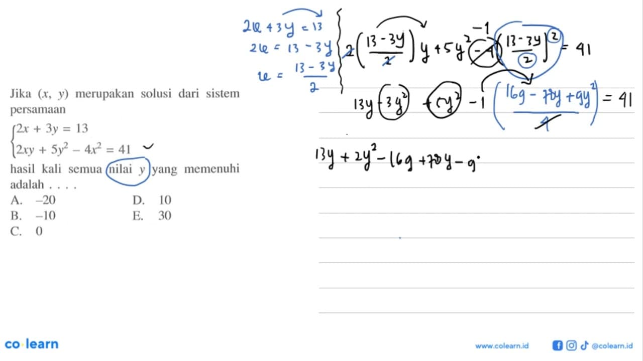 Jika (x,y) merupakan solusi dari sistem persamaan 2x + 3y =