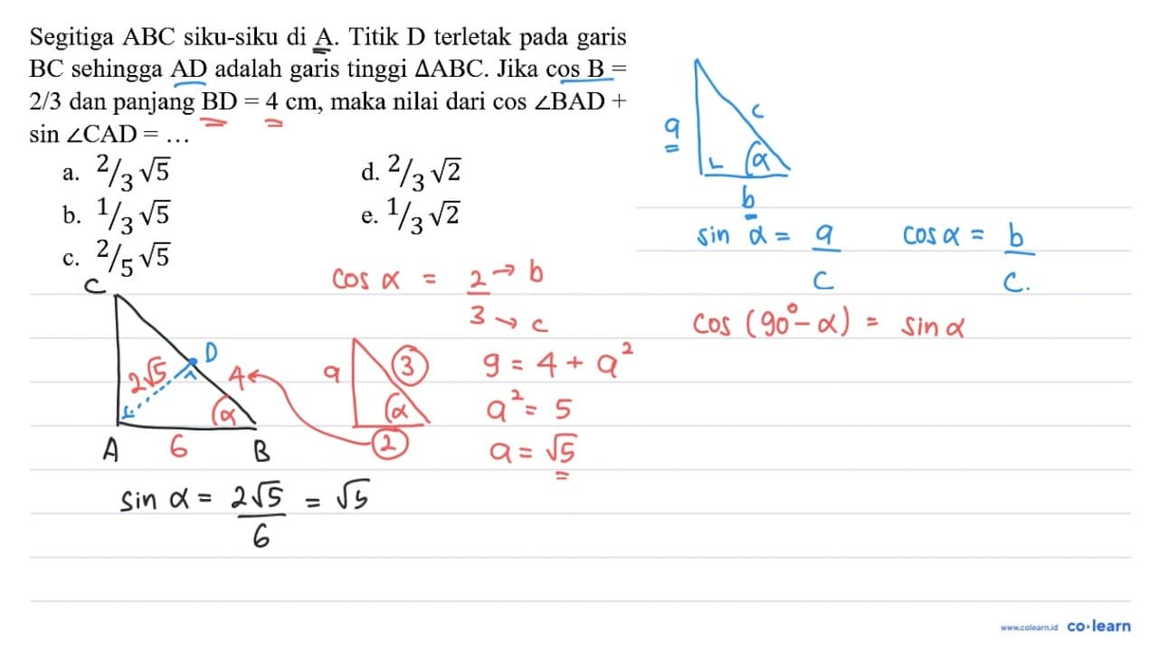 Segitiga ABC siku-siku di A. Titik D terletak pada garis BC