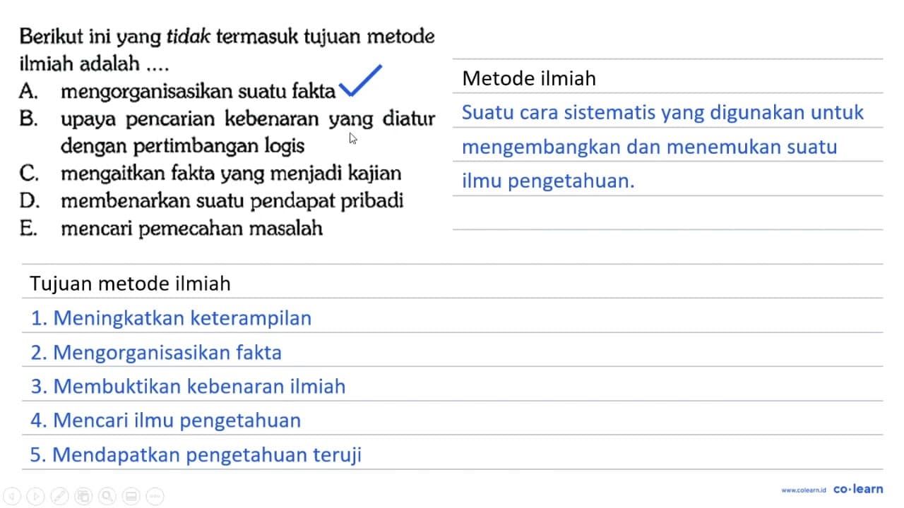 Berikut ini yang tidak termasuk tujuan metode ilmiah adalah