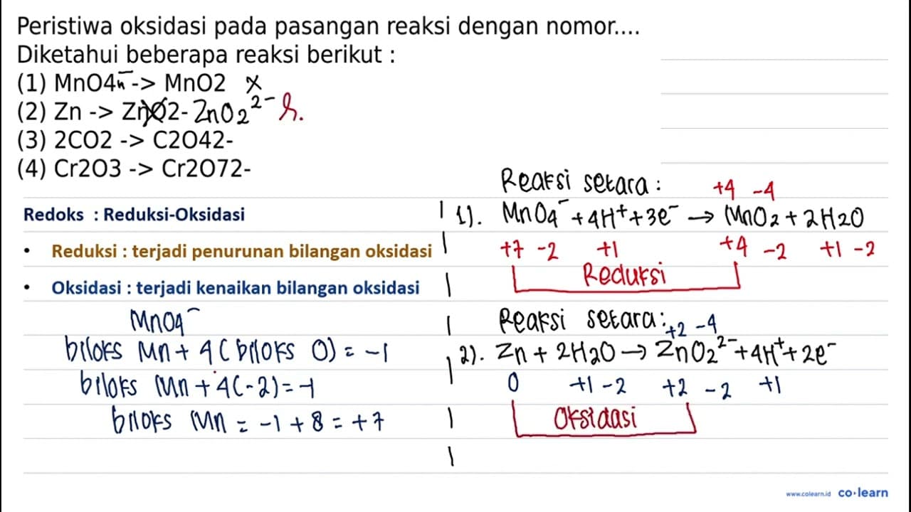 Peristiwa oksidasi pada pasangan reaksi dengan nomor ...