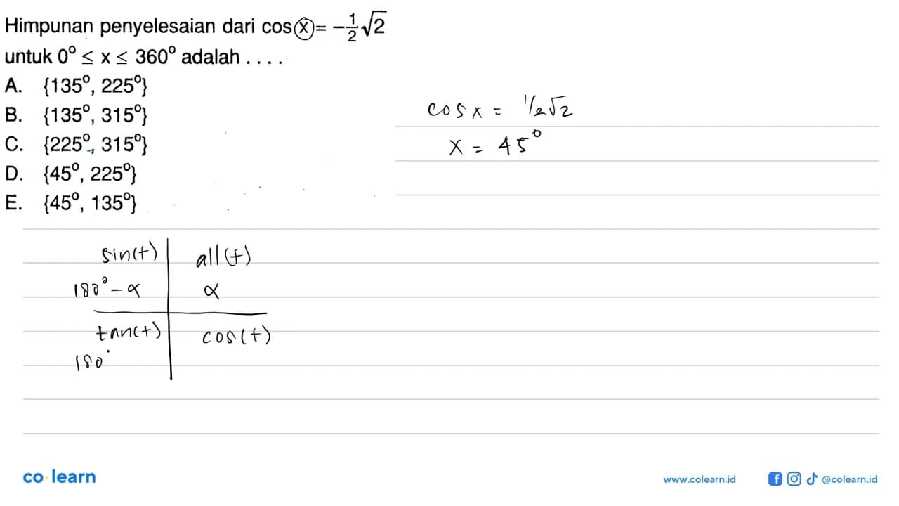 Himpunan penyelesaian dari cos x=-1/2 akar(2) untuk