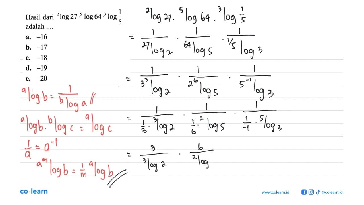 Hasil dari 2log27.5log64.3log(1/5) adalah....