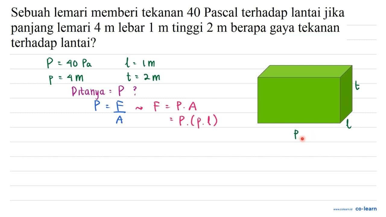 Sebuah lemari memberi tekanan 40 Pascal terhadap lantai