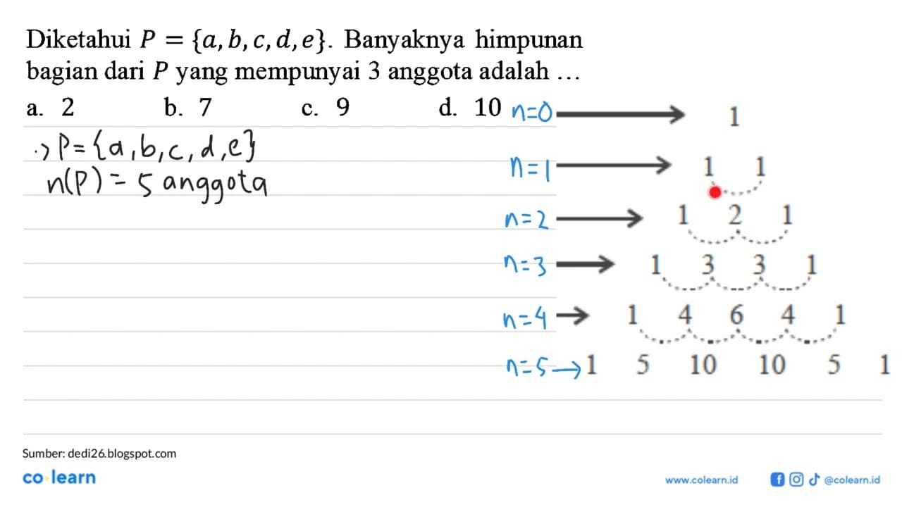 Diketahui P = {a,b,c,d,e}. Banyaknya himpunan bagian dari P