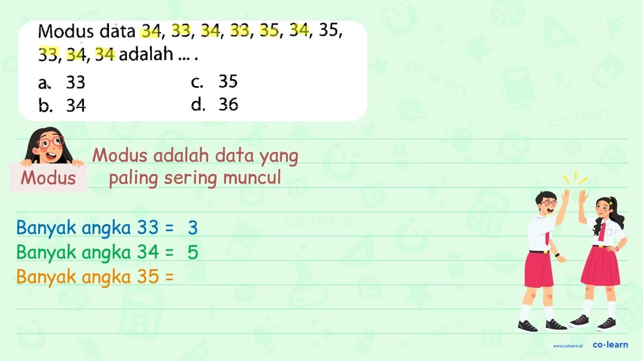 Modus data 34,33,34,33,35,34,35 , 33,34,34 adalah ... a. 33