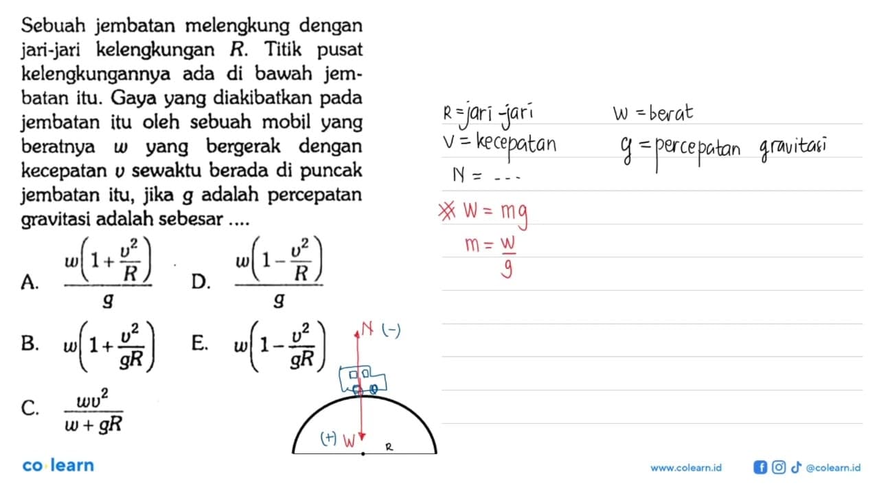 Sebuah jembatan melengkung dengan jari-jari kelengkungan R