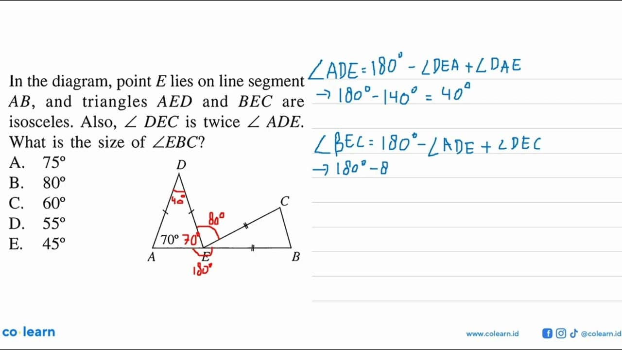 In the diagram, point E lies on line segment AB, and