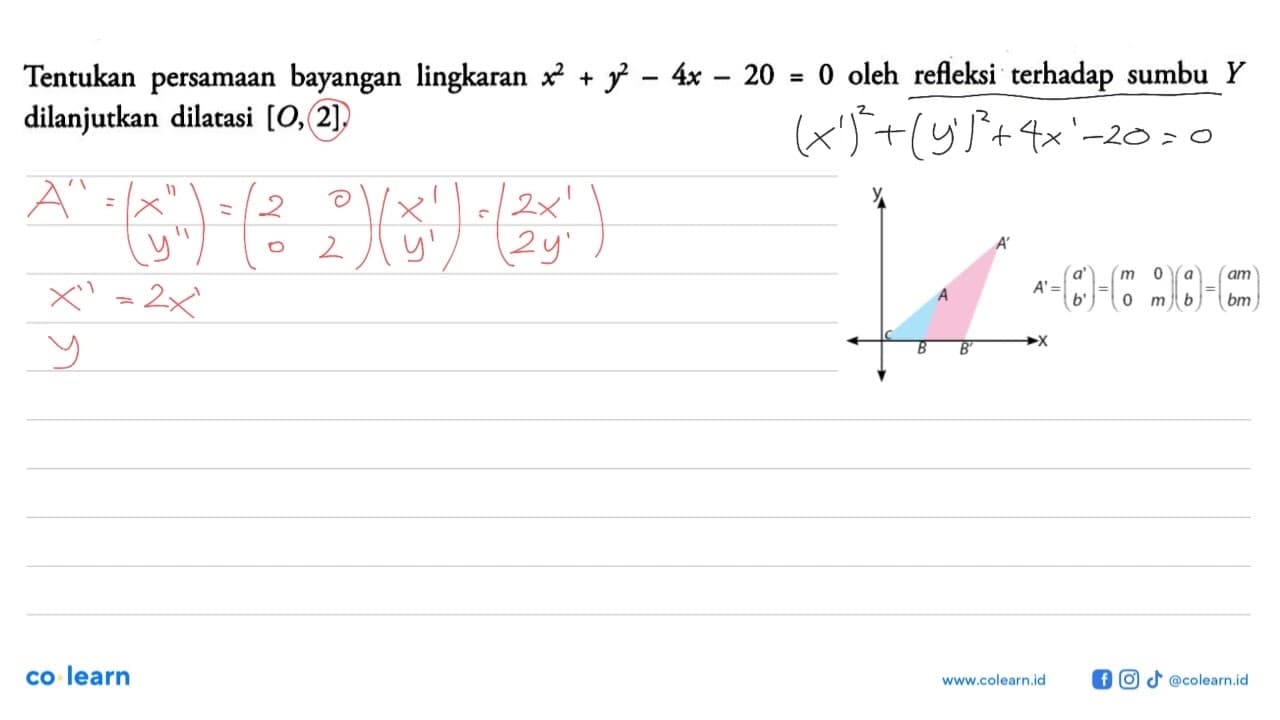 Tentukan persamaan bayangan lingkaran x^2+y^2-4x-20=0 oleh