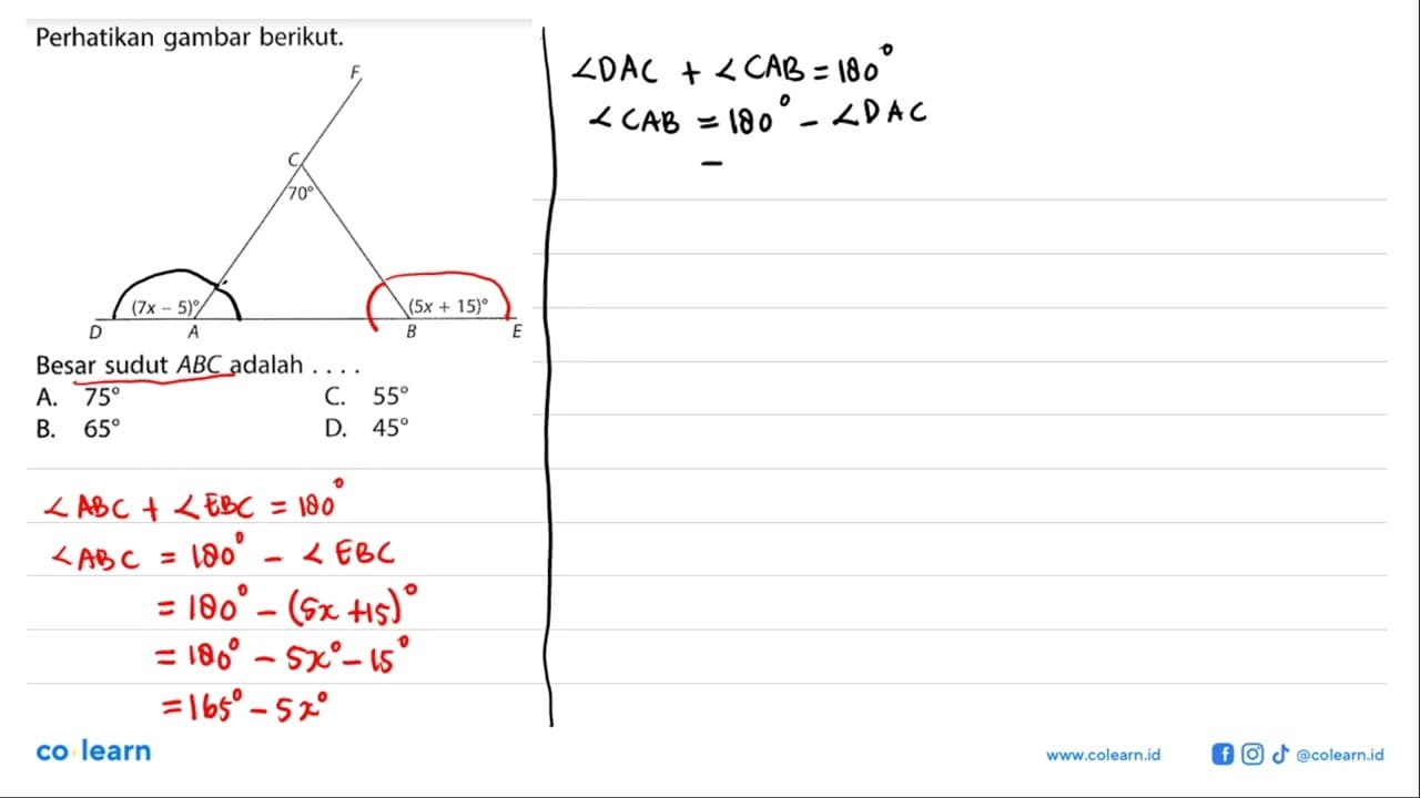 Perhatikan gambar berikut.A B C D E F (7x-5) (5x+15)