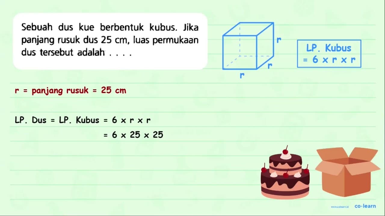 Sebuah dus kue berbentuk kubus. Jika panjang rusuk dus 25