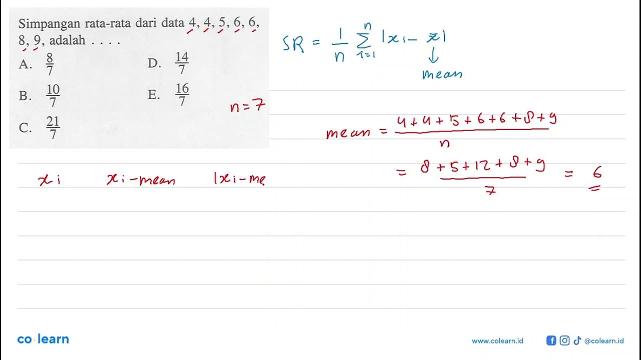 Simpangan rata-rata dari data 4,4,5,6,6,8,9 adalah ....