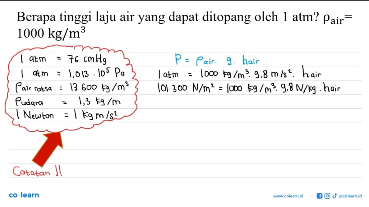 Berapa tinggi laju air yang dapat ditopang oleh 1 atm?