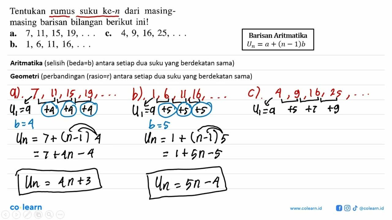 Tentukan rumus suku ke-n dari masing barisan bilangan