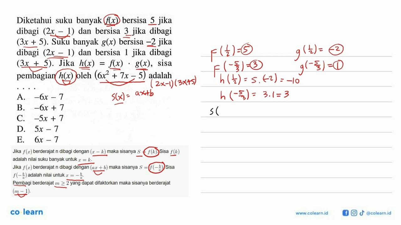 Diketahui suku banyak f(x) bersisa 5 jika dibagi (2x-1) dan