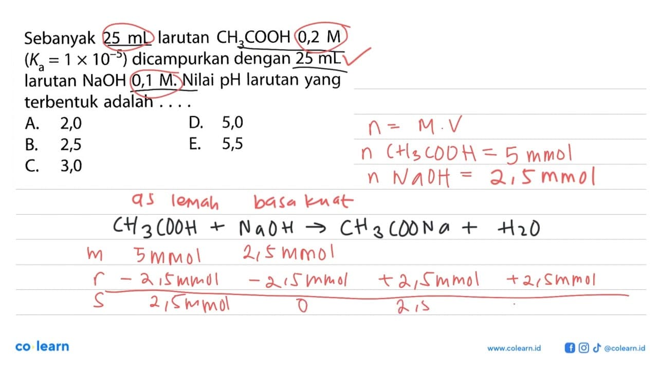 Sebanyak 25 mL larutan CH3COOH 0,2 M (Ka=1x10^(-5))