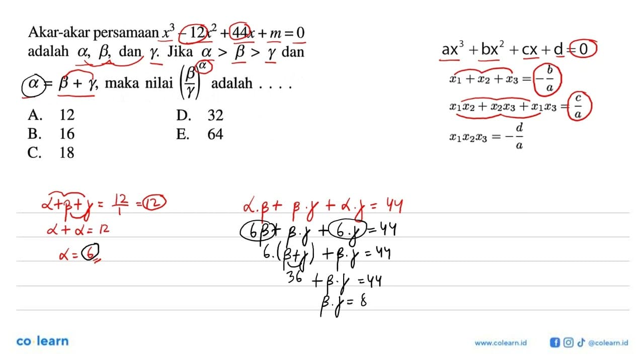 Akar-akar persamaan x^3-12x^2+44x+m=0 adalah alpha, beta,