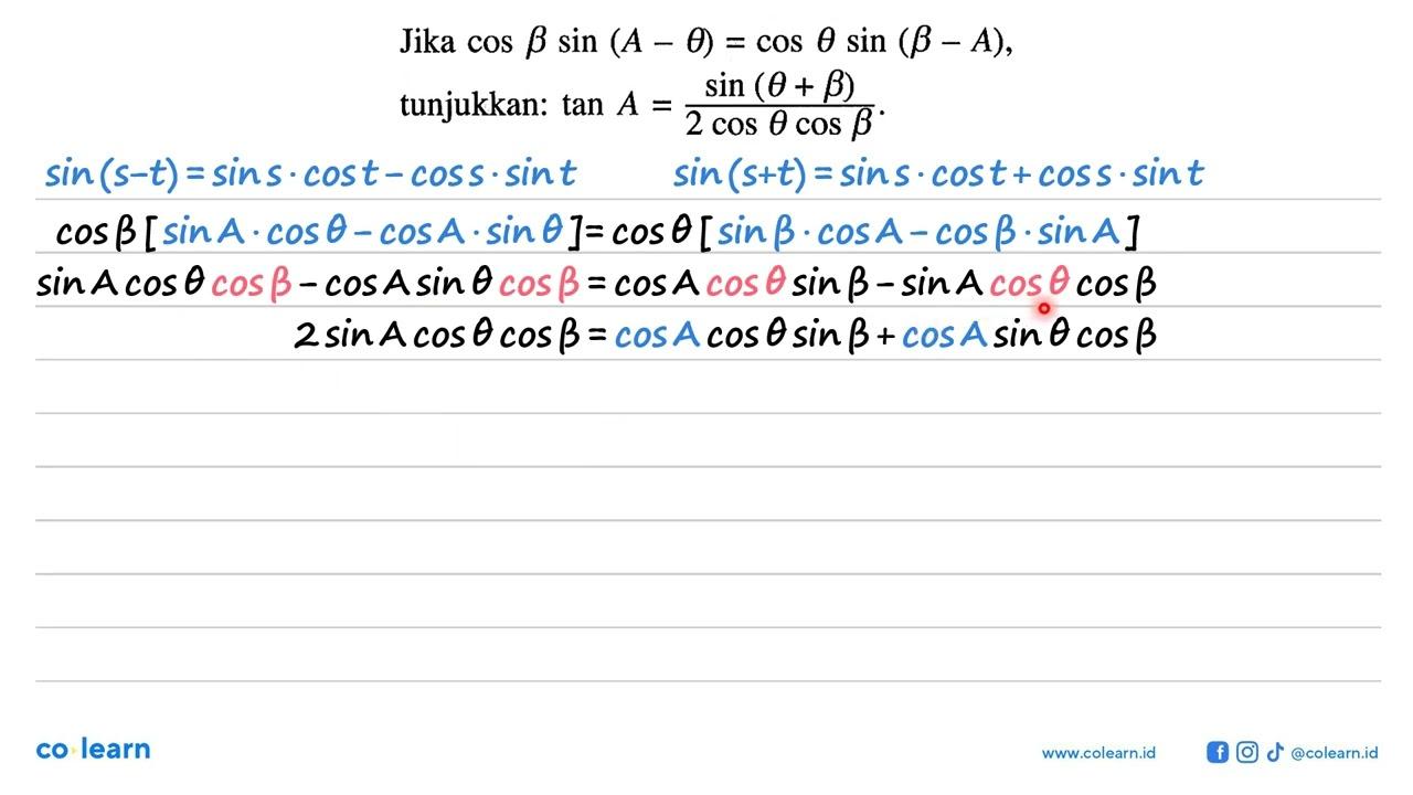 Jika cos B sin (A-theta)=cos theta sin (B-A), tunjukkan: