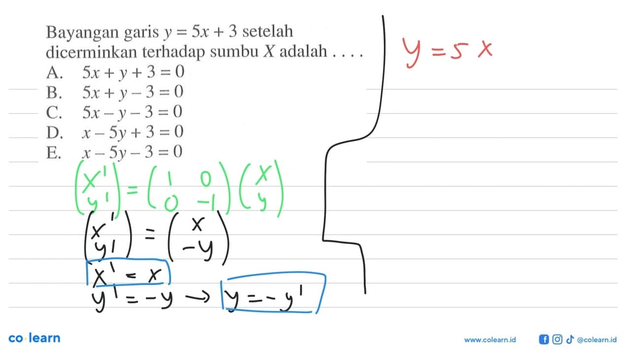 Bayangan garis y=5x+3 setelah dicerminkan terhadap sumbu X